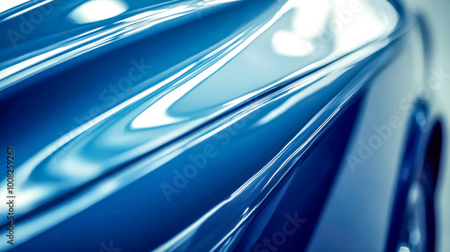 Closeup of a shiny blue car body reflecting light