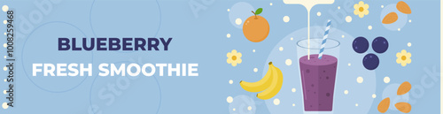 Blueberry fresh smoothie banner design with smoothie, banana, blueberry, almond, milk, and flower. Vector illustration.