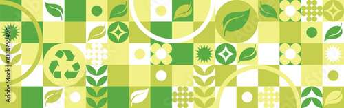 Bio template for ecological social projects, seamless pattern for eco packaging with green flowers. Natural style banner, mosaic of geometric white shapes.