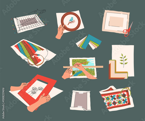 Framing paintings and embroideries. Frames, passe partout, canvas. Framing workshop. Embroidery stretching, painting. Interior design, decorVector illustration in flat style
