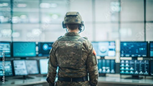 Military Operator in Tactical Gear Observing Control Room with Multiple Screens