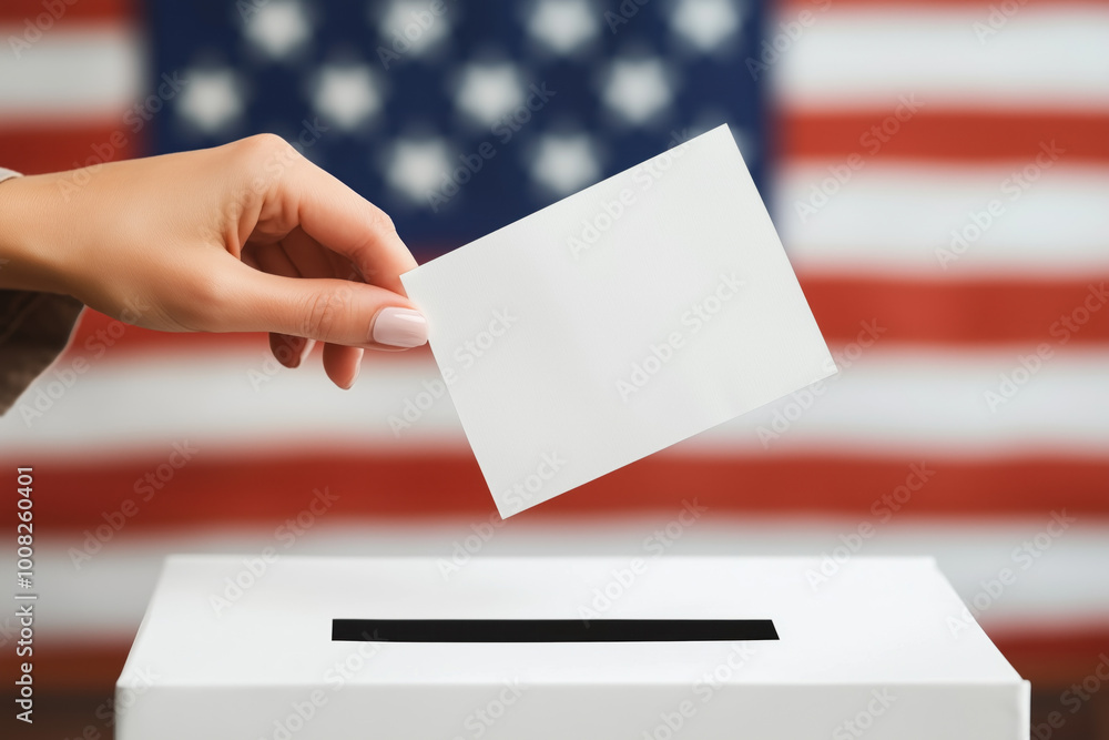 A hand placing a ballot in a box against the American flag A hand placing a ballot in a box against the American flag