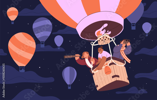 Flight of hot air balloon at night. Happy people flying in basket in dark sky. Tourists with telescope, binocular soaring in aerial ballon travel. Cappadocia festival. Flat vector illustration