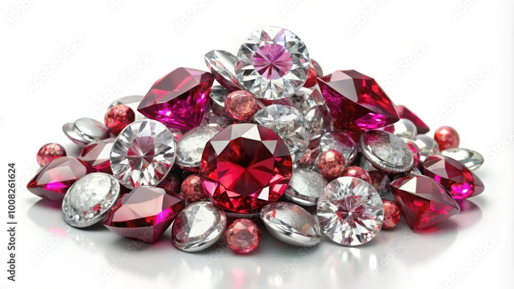 Stunning Heap of Diamond and Ruby Stones Isolated on White Background for Jewelry and Design Use Stunning Heap of Diamond and Ruby Stones Isolated on White Background for Jewelry and Design Use