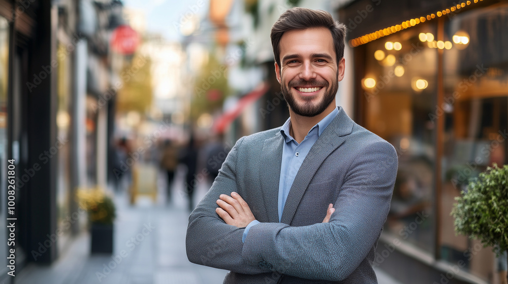 Young happy pretty smiling professional business man, happy confident positive male entrepreneur standing outdoor on street arms crossed, looking at camera, Generative AI
Young happy pretty smiling professional business man, happy confident positive male entrepreneur standing outdoor on street arms crossed, looking at camera, Generative AI