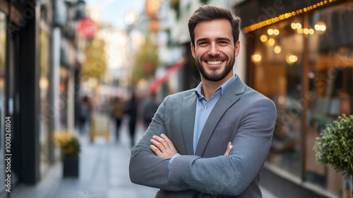 Young happy pretty smiling professional business man, happy confident positive male entrepreneur standing outdoor on street arms crossed, looking at camera, Generative AI 