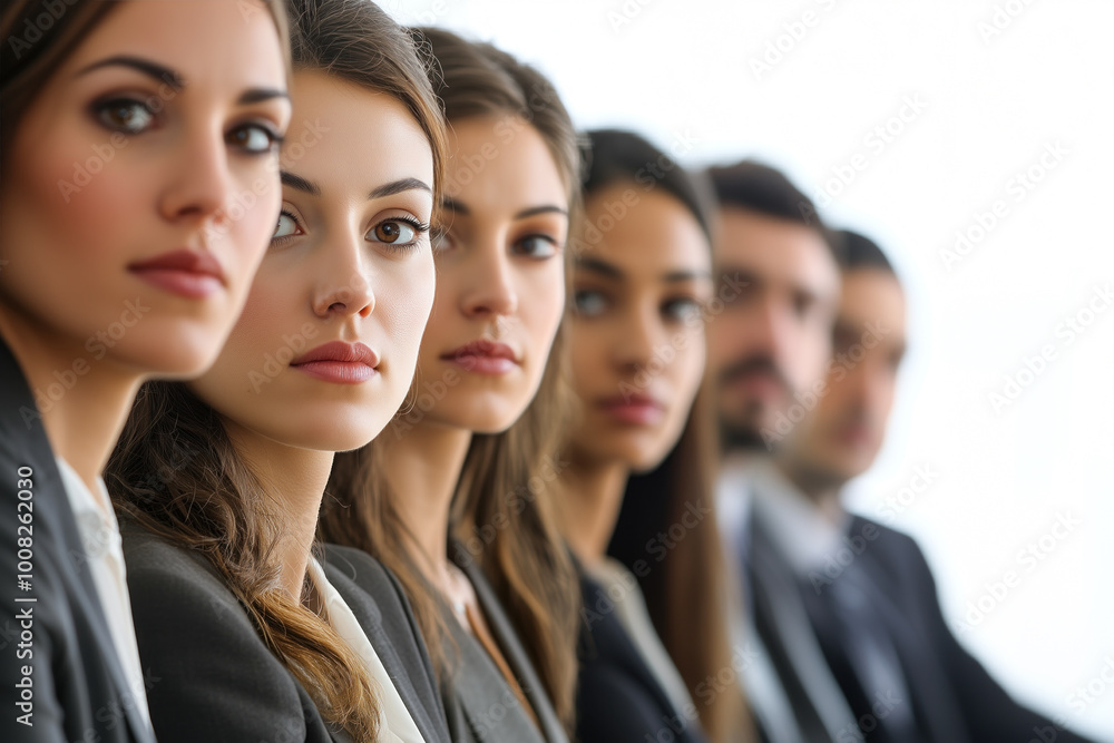 Group of business professionals in line, focused expressions Group of business professionals in line, focused expressions