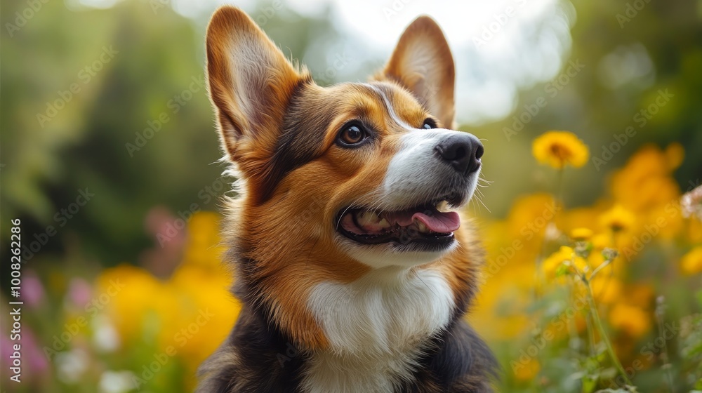 A brown and white Pembroke Welsh Corgi dog with floppy ears and a happy expression sits in a field of yellow flowers, looking off to the side. A brown and white Pembroke Welsh Corgi dog with floppy ears and a happy expression sits in a field of yellow flowers, looking off to the side.