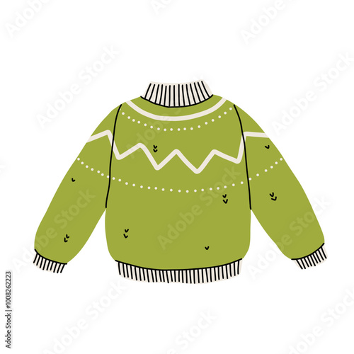 Christmas ugly sweater or jumper with decorative abstract elements. Knitted woolen warm clothing pullover. Vector hand drawn illustration in cartoon style.