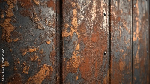 A highly detailed close-up of a rusted metal surface, showcasing weathered patches and riveted sections. The texture reveals aged metal with rust spreading unevenly across the surface, offering a