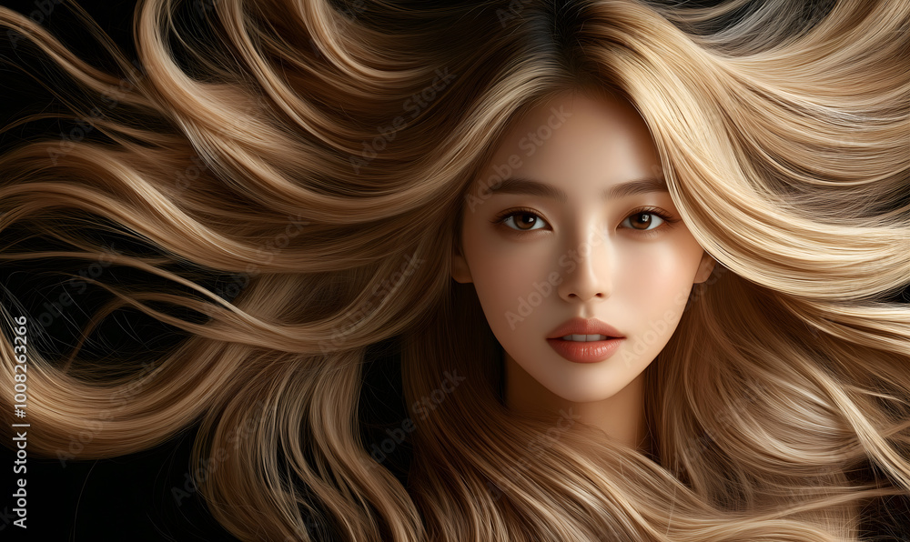 A beautiful woman with long, flowing blonde hair that is shiny and smooth, a black background, Conceptadvertisement for a hair salon or spa, Generative AI A beautiful woman with long, flowing blonde hair that is shiny and smooth, a black background, Conceptadvertisement for a hair salon or spa, Generative AI