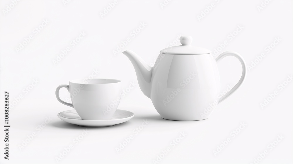 Elegant White Teapot and Cup on Minimalist Background Elegant White Teapot and Cup on Minimalist Background