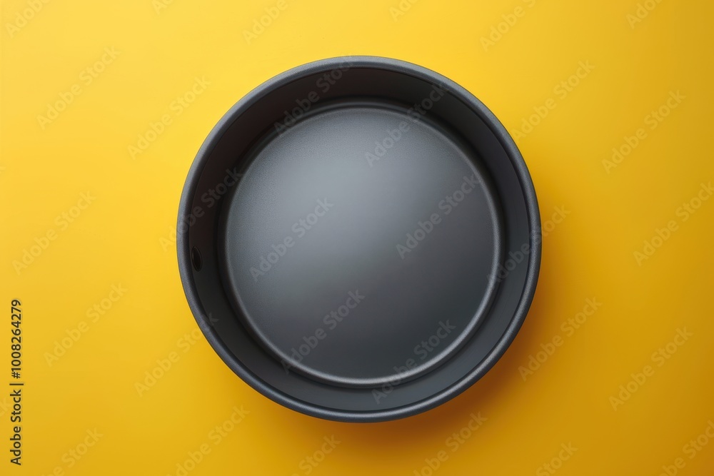 A sleek black cake pan rests against a vibrant yellow background, ready for baking experiments A sleek black cake pan rests against a vibrant yellow background, ready for baking experiments