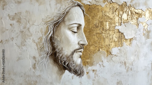 A gold and white painting of Jesus Christ