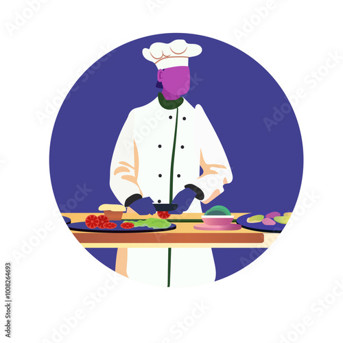 Chef preparing healthy meal food longevity lifestyle concept. Chef chopping vegetables on a cutting board in a kitchen setting with vibrant colors and a circular background