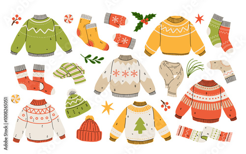 Vector set of cute winter clothes sweaters, socks, hats, mittens, scarf. Collection of ugly sweaters with norwegian ornaments.