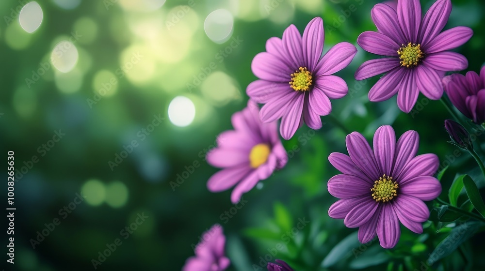 A close-up of vibrant purple flowers with a blurred green background and bokeh lights. A close-up of vibrant purple flowers with a blurred green background and bokeh lights.