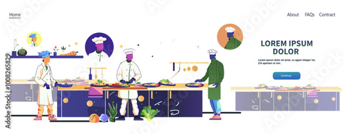 Chefs preparing healthy dishes in kitchen scene with fresh vegetables and cooking utensils vibrant colors website design
