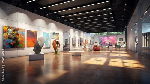 Modern art gallery interior with paintings displayed on white walls,