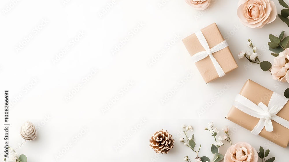 A serene arrangement featuring wrapped gifts, soft pink roses, and greenery on a light background, perfect for special occasions. A serene arrangement featuring wrapped gifts, soft pink roses, and greenery on a light background, perfect for special occasions.