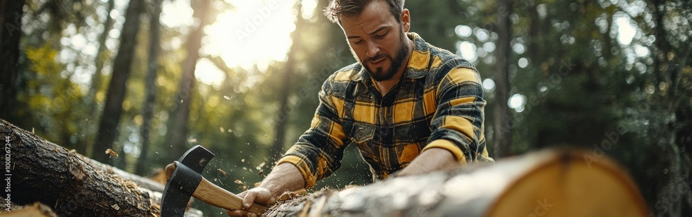 Man Chopping Wood in a Forest, Outdoor Survival Activity Man Chopping Wood in a Forest, Outdoor Survival Activity