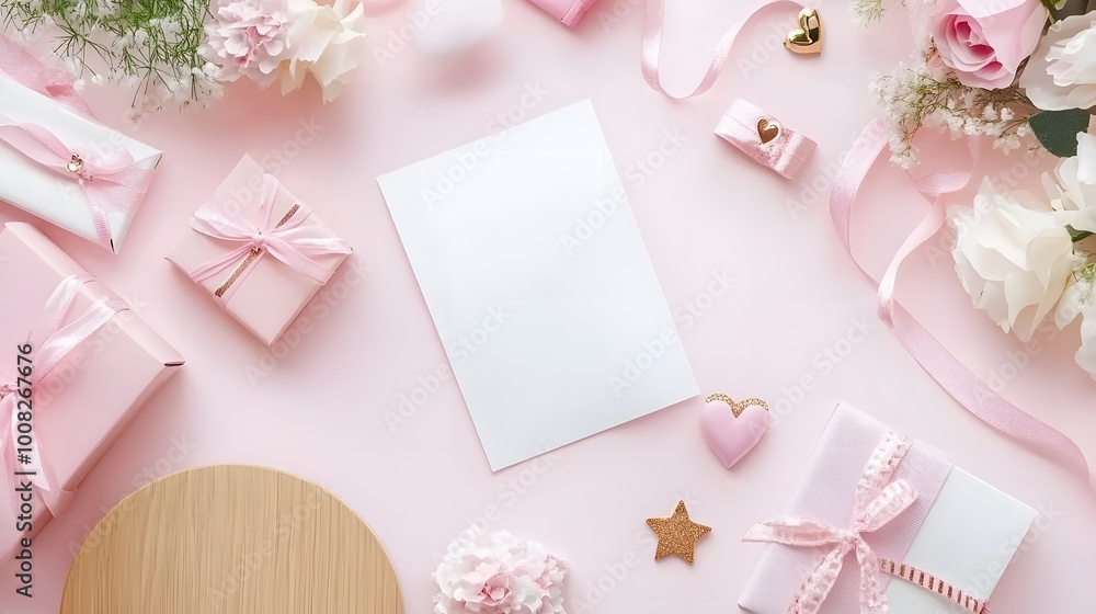 A serene flat lay featuring pink gifts, flowers, and a blank card on a softly textured surface, perfect for celebrations or special occasions. A serene flat lay featuring pink gifts, flowers, and a blank card on a softly textured surface, perfect for celebrations or special occasions.