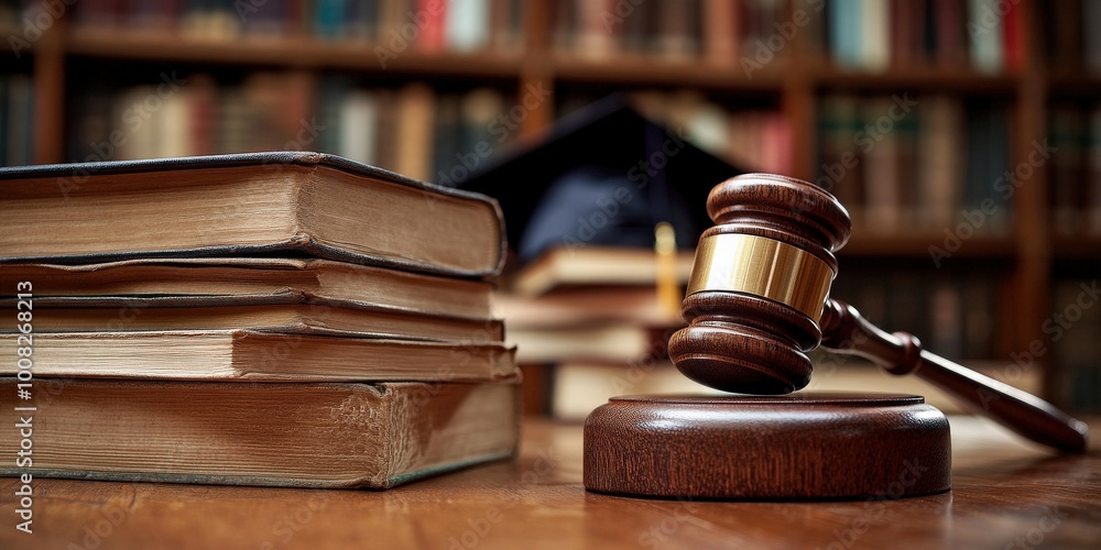 Gavel and Law Books with Graduation Cap in Library Setting Gavel and Law Books with Graduation Cap in Library Setting