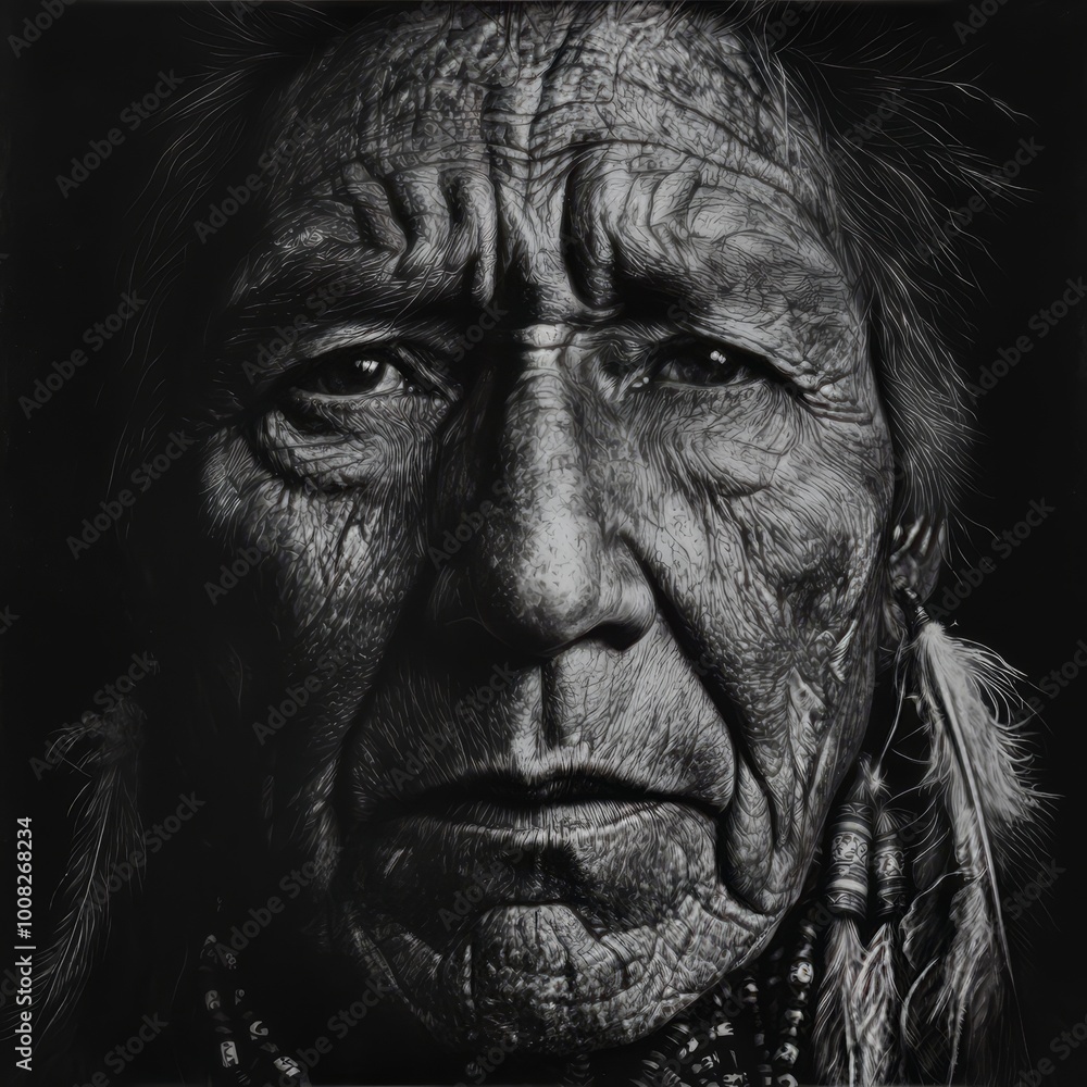 Black and white portrait of an elder with deep wrinkles and a stoic expression, wearing traditional accessories