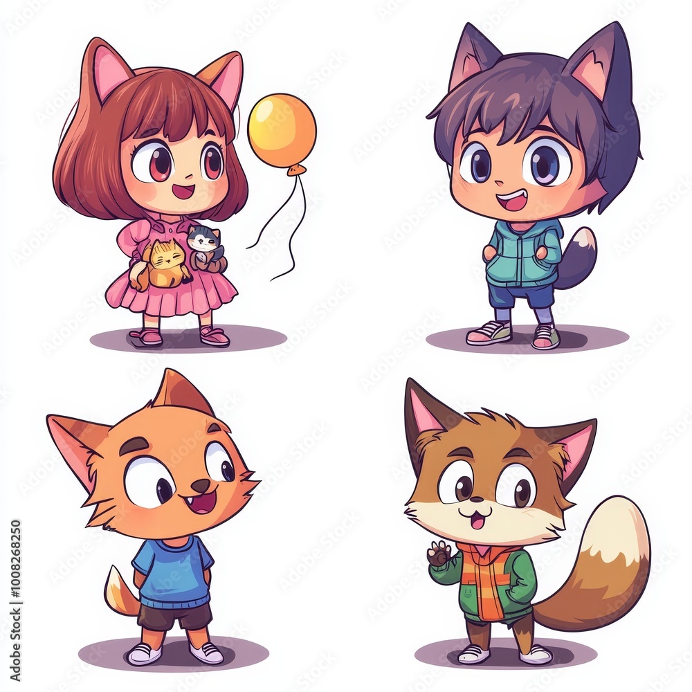 Fototapeta premium Adorable chibi-style kids and animal characters with charming expressions and bright colors