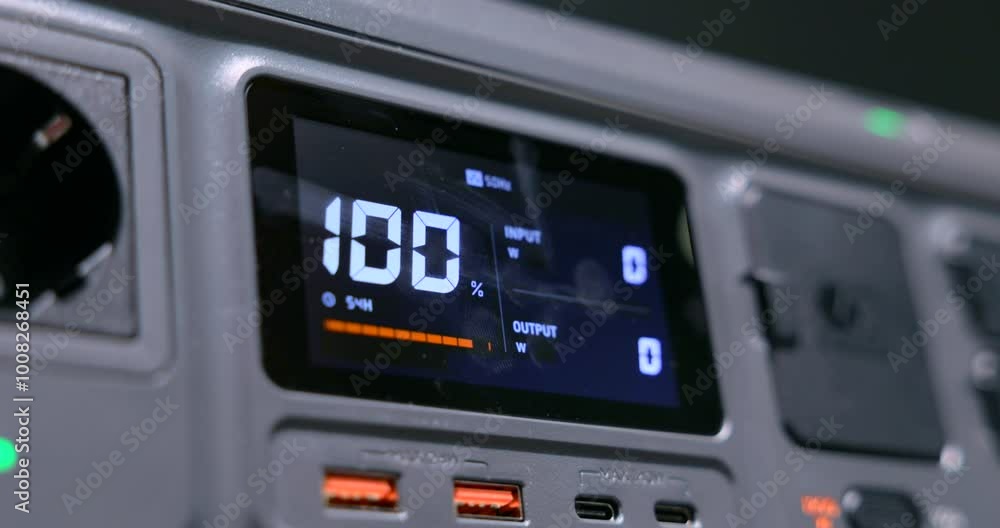 Detailed view of a portable power station showing USB ports and a 100% battery status on the LCD display, ideal for outdoor use. Detailed view of a portable power station showing USB ports and a 100% battery status on the LCD display, ideal for outdoor use.