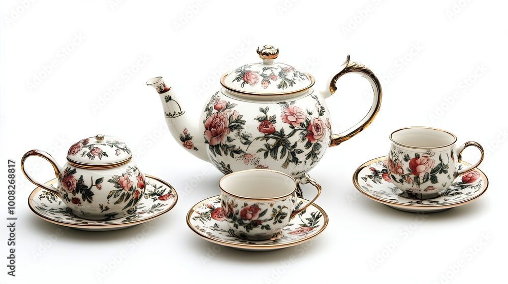 Porcelain Tea Set with Floral Pattern and Gold Trim Porcelain Tea Set with Floral Pattern and Gold Trim