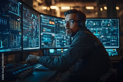 Engineers Monitoring Production Software on Multiple Screens in a Control Room