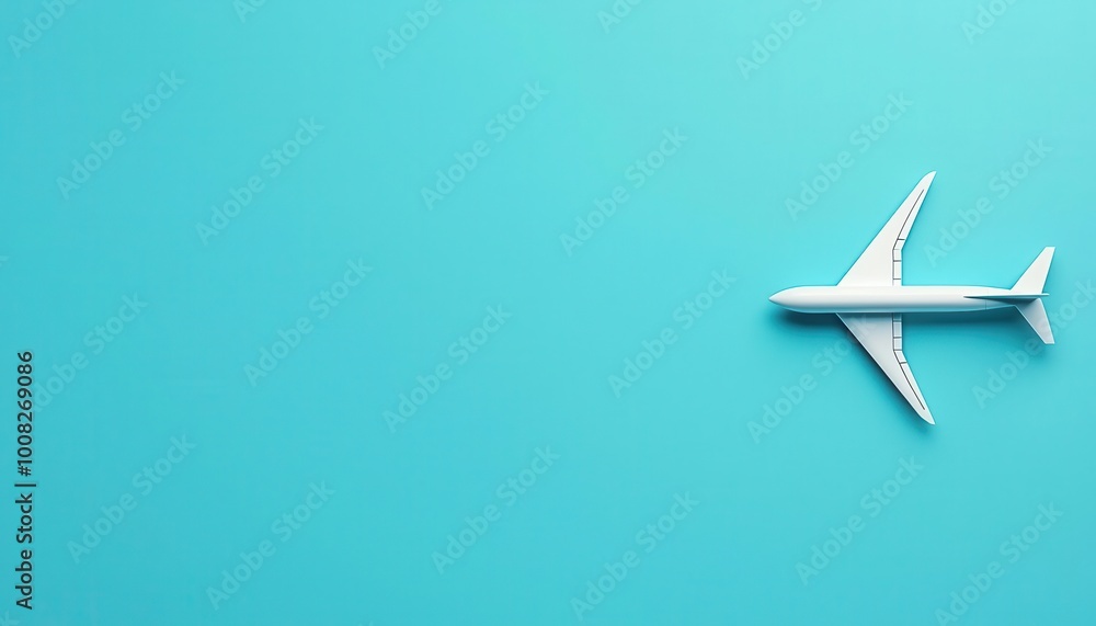 A single white airplane model positioned on a bright turquoise background, symbolizing travel and aviation. Perfect for themes of exploration and transportation. A single white airplane model positioned on a bright turquoise background, symbolizing travel and aviation. Perfect for themes of exploration and transportation.