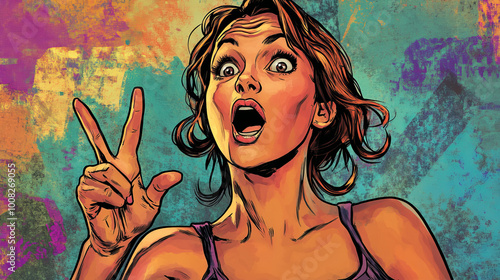 A woman with a surprised expression points her fingers to the left. She's drawn in a colorful, comic book style.