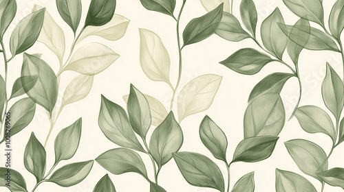 Green plant and leafs pattern. Pencil, hand drawn natural illustration. Simple organic plants design. Botany vintage graphic art. 4k wallpaper, background. Simple, minimal, clean design 