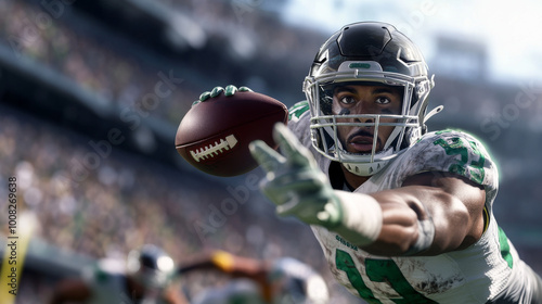 A football player catching a pass mid-air, with defenders running to intercept, set against a stadium backdrop.