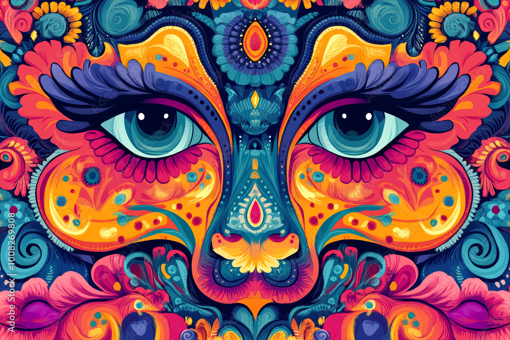 Naklejka premium Abstract face with large eyes trippy colourful hippie style background. 