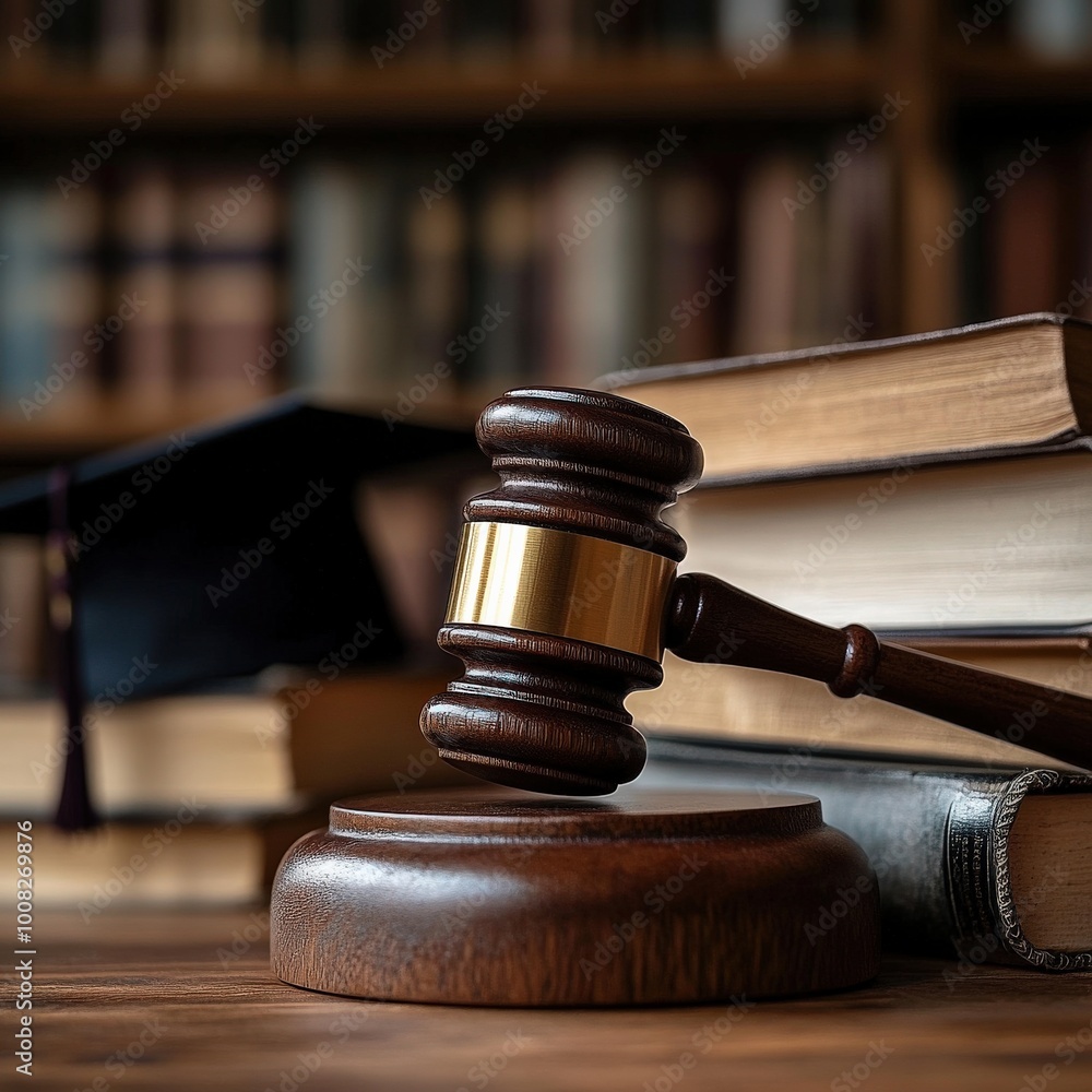 Gavel and Law Books with Graduation Cap in Library Setting Gavel and Law Books with Graduation Cap in Library Setting