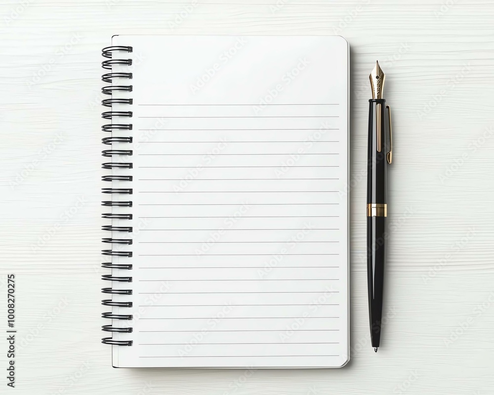 Top view of an open spiral notebook with lined pages and a pen on a white wooden desk, perfect for writing or drawing inspiration. Top view of an open spiral notebook with lined pages and a pen on a white wooden desk, perfect for writing or drawing inspiration.