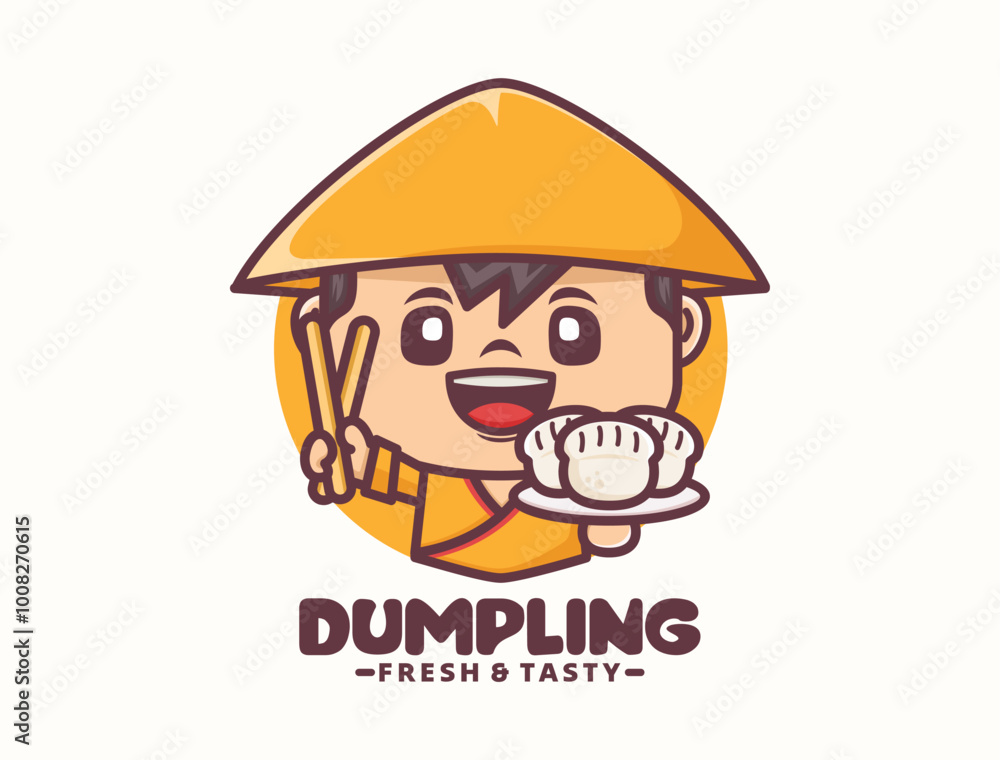 Asian chef cartoon mascot design with dumpling, food logo template Asian chef cartoon mascot design with dumpling, food logo template