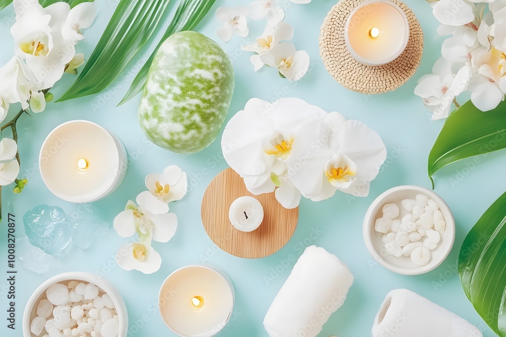 A serene arrangement of candles, flowers, and natural elements on a soothing blue background, perfect for a spa or relaxation setting. A serene arrangement of candles, flowers, and natural elements on a soothing blue background, perfect for a spa or relaxation setting.