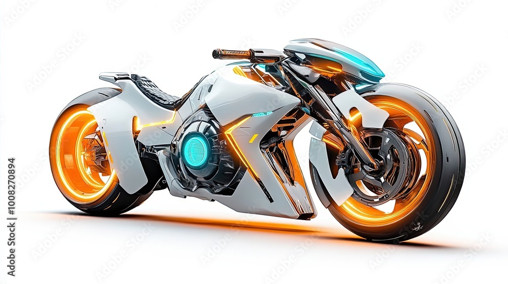 Futuristic White Motorcycle with Illuminated Orange and Blue Details Futuristic White Motorcycle with Illuminated Orange and Blue Details
