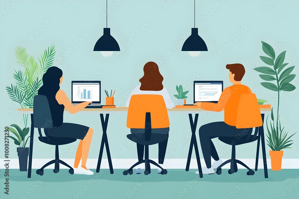 Flat style Characters Collaborating on a Consulting Project in a Modern Office Environment Flat style Characters Collaborating on a Consulting Project in a Modern Office Environment