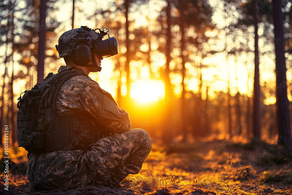 Soldier in camouflage gear wearing virtual goggles at sunset in a forest - Scene from a tactical military operation Soldier in camouflage gear wearing virtual goggles at sunset in a forest - Scene from a tactical military operation