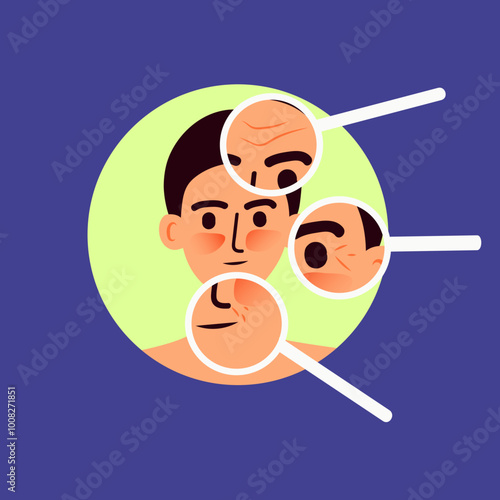 Human face with magnifying glasses highlighting wrinkles and skin imperfections. Bright colors simple shapes blue background