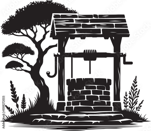 Village Water Well silhouette vector illustration isolated on a white background