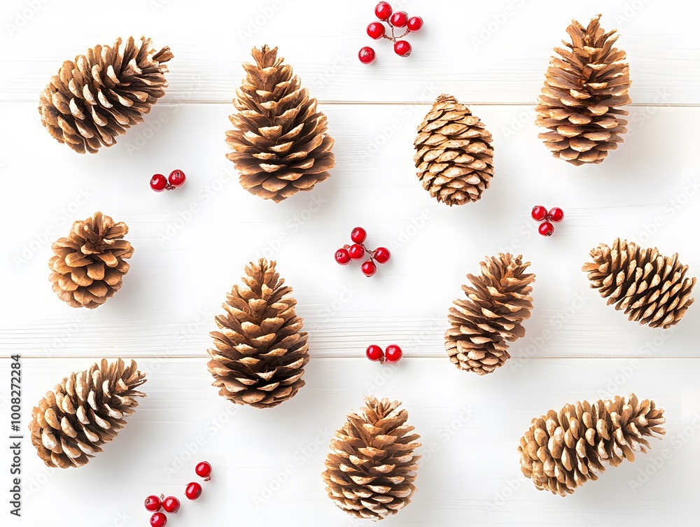 Obraz premium A vibrant arrangement of pinecones and red berries on a white wooden surface, evoking a cozy, natural holiday atmosphere.