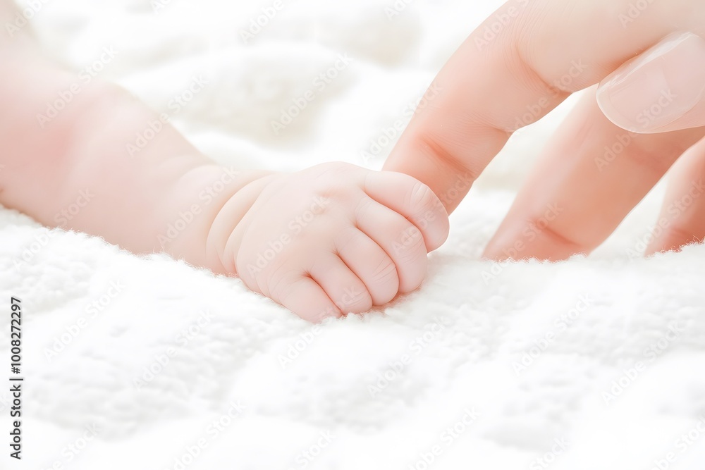 A tender moment of a baby's hand grasping an adult's finger, symbolizing connection and love on a soft white surface. A tender moment of a baby's hand grasping an adult's finger, symbolizing connection and love on a soft white surface.