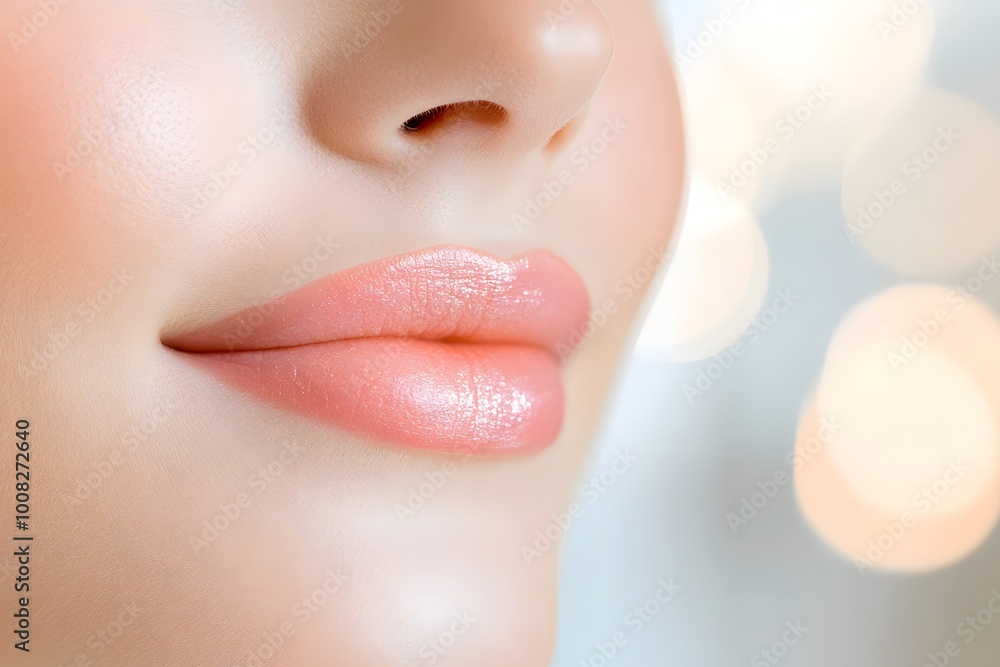 Obraz premium A close-up of smooth, soft lips with a light pink sheen, set against a blurred, shimmering background that enhances the beauty.