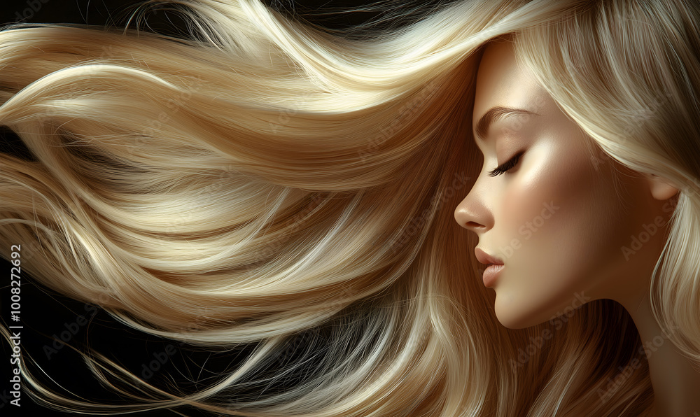 A beautiful woman with long, flowing blonde hair that is shiny and smooth, a black background, Conceptadvertisement for a hair salon or spa, Generative AI A beautiful woman with long, flowing blonde hair that is shiny and smooth, a black background, Conceptadvertisement for a hair salon or spa, Generative AI